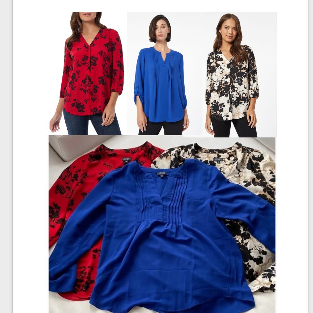Bundle of 3 Jones New York Women's Blouses | Size L | Red Blue & Floral ♥️💙🤎